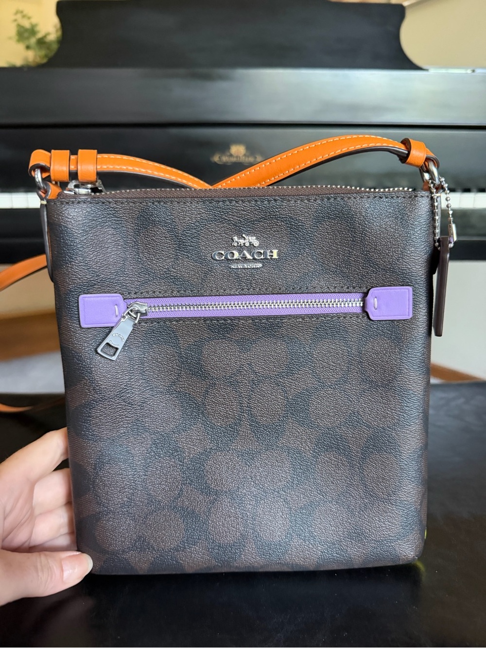 Coach Brown Signature Crossbody with Orange Strap and Purple Zip
